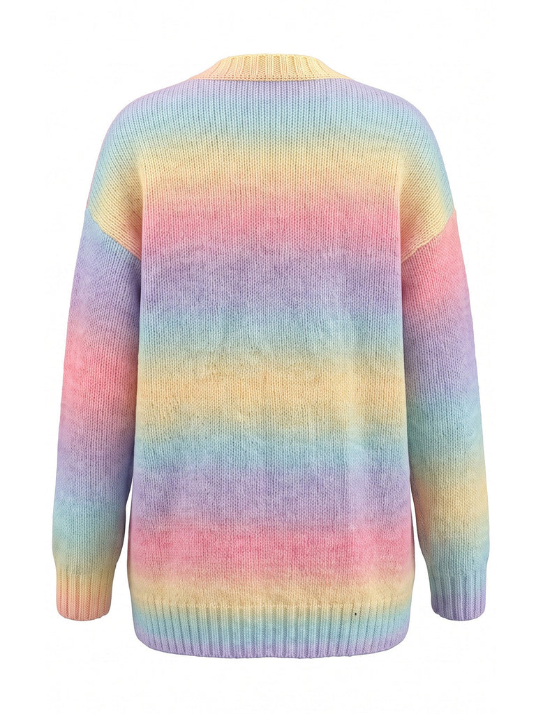 80er Zopfstrickjacke mit pastellfarbenem Regenbogenverlauf