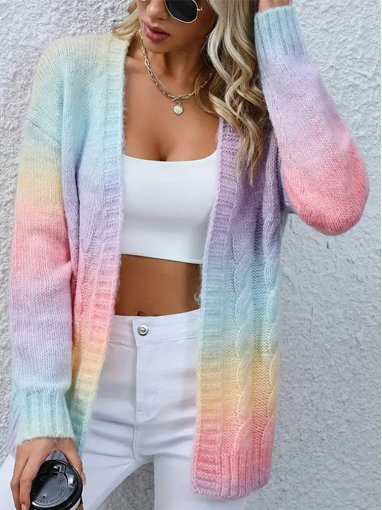 80er Zopfstrickjacke mit pastellfarbenem Regenbogenverlauf
