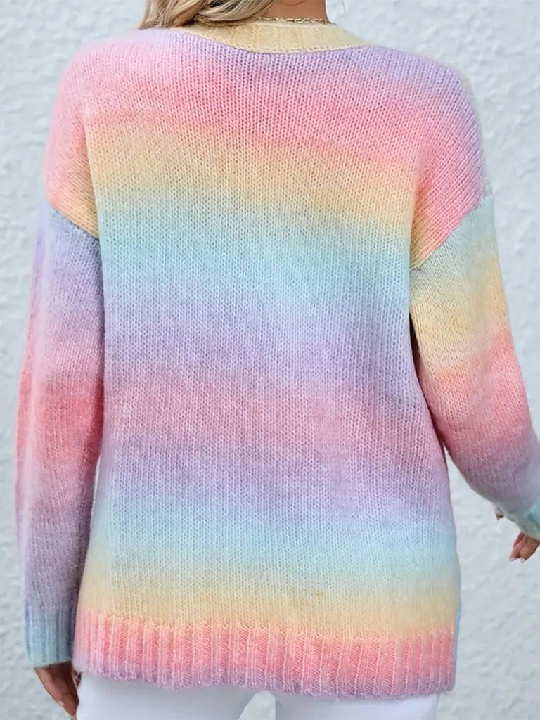 80er Zopfstrickjacke mit pastellfarbenem Regenbogenverlauf