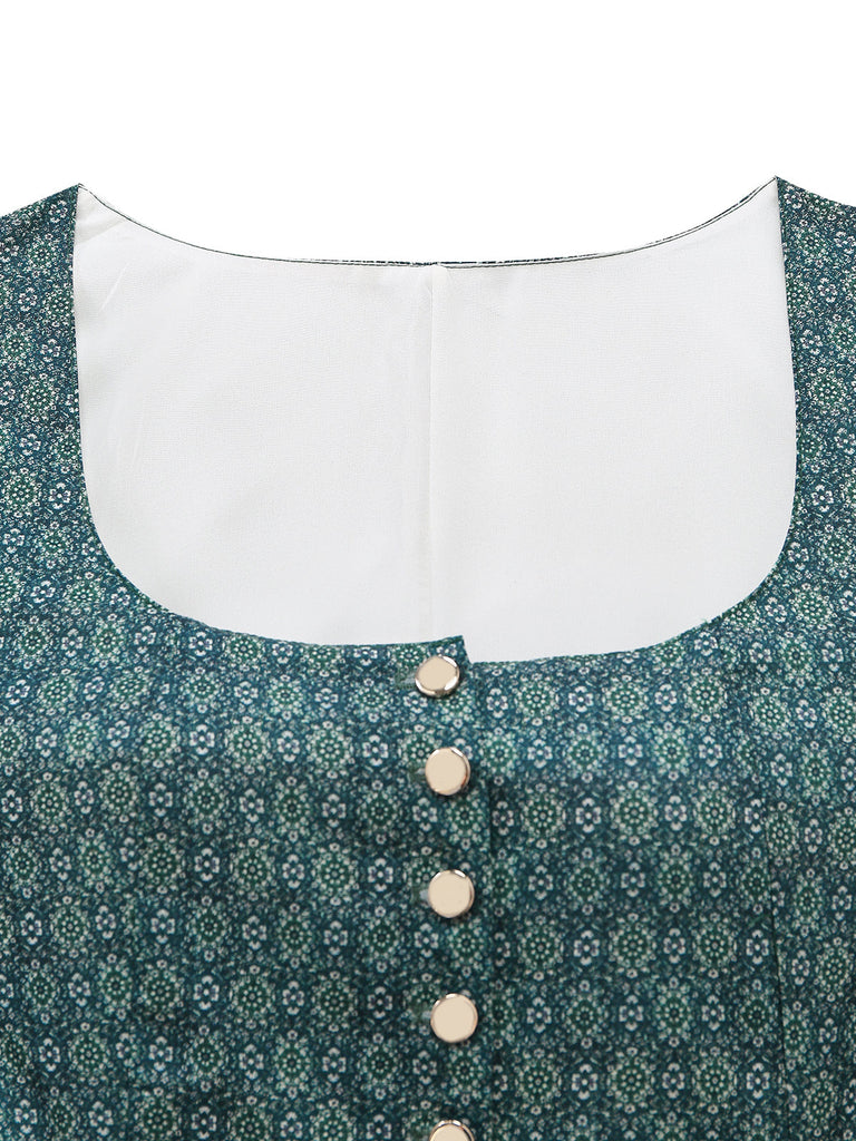 Grünes 50er Kleid & Schürze Set mit Blumen-Print