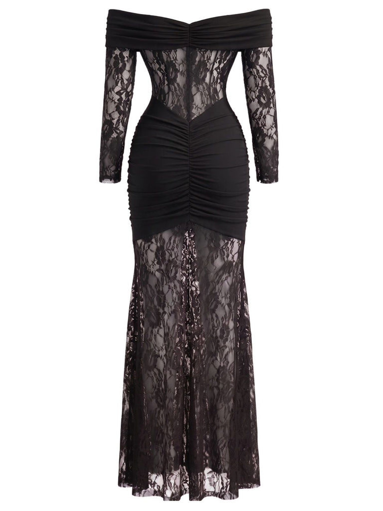 30er schulterfreies Maxikleid mit Raffung und Spitze