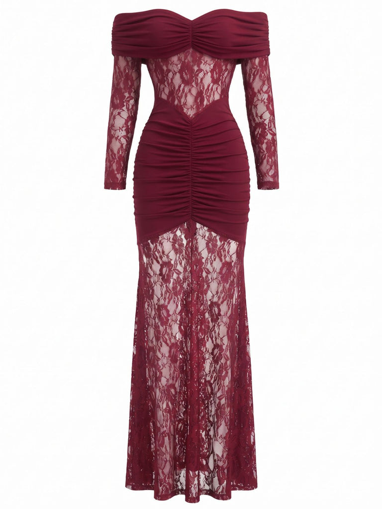 30er schulterfreies Maxikleid mit Raffung und Spitze