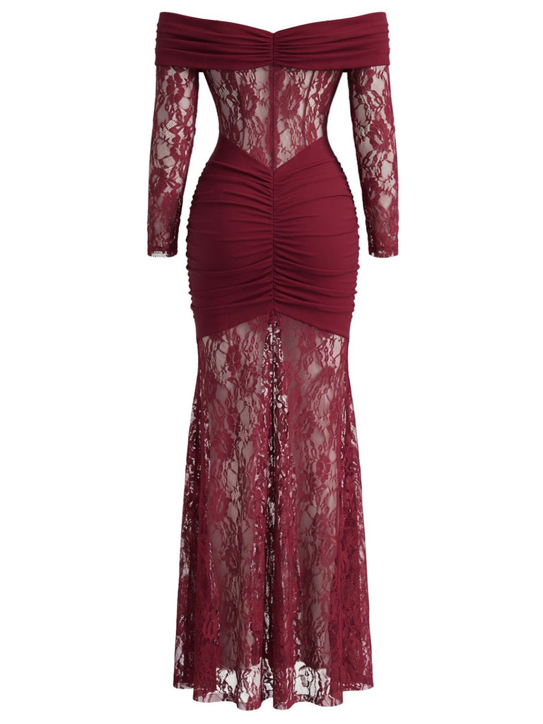 30er schulterfreies Maxikleid mit Raffung und Spitze