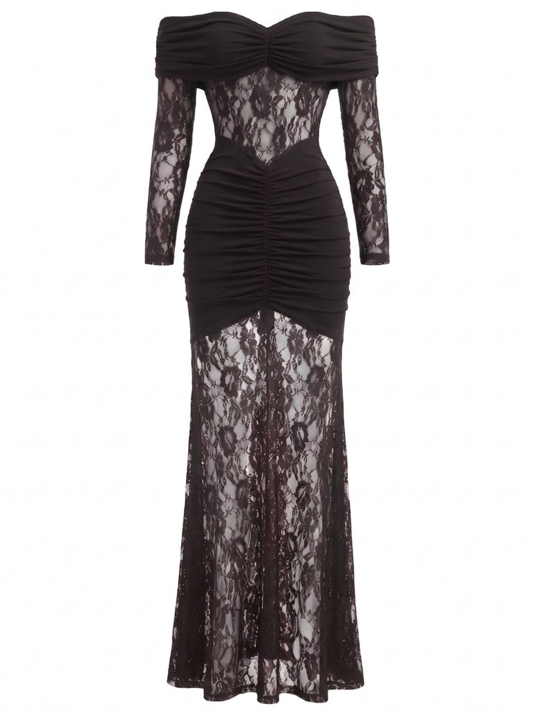 30er Spitzen-Maxikleid mit Carmen-Ausschnitt und Raffung