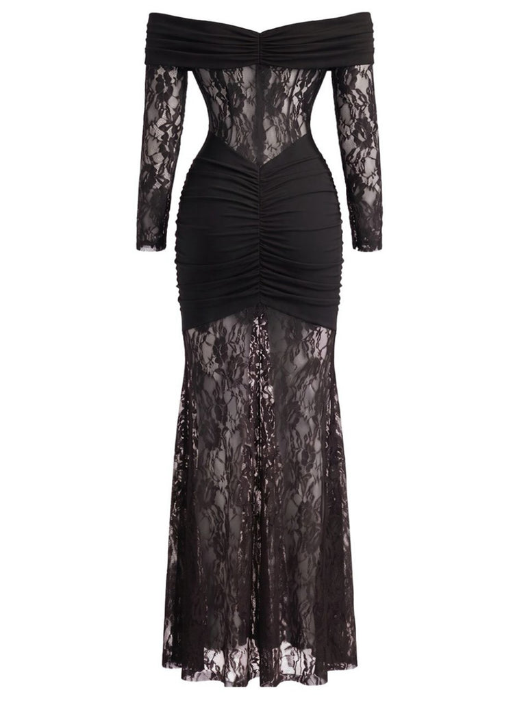 30er Spitzen-Maxikleid mit Carmen-Ausschnitt und Raffung