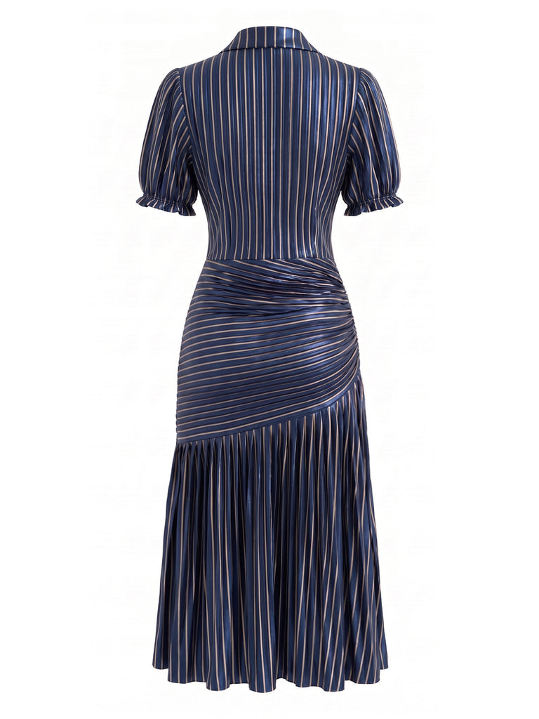 70er Metallic-Plisseekleid mit tiefem V-Ausschnitt und kurzen Ärmeln