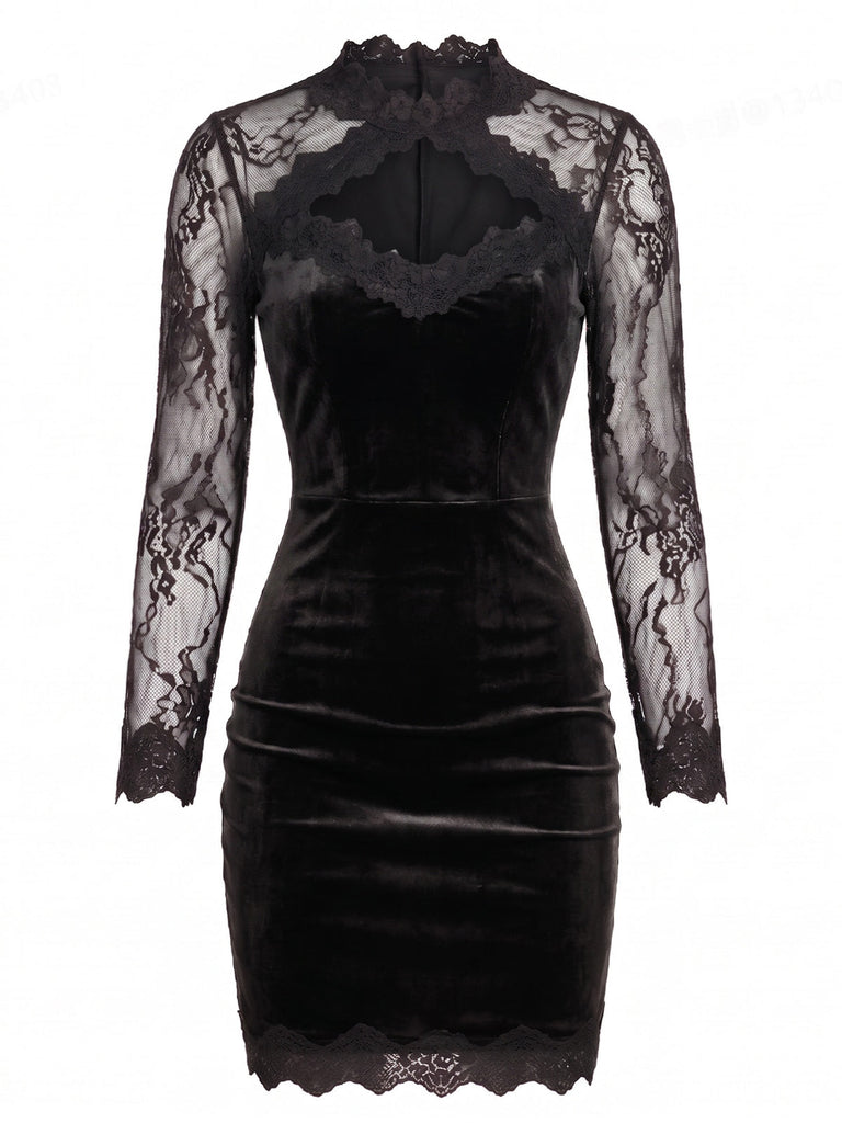 Schwarzes 60er Samt-Bodyconkleid mit Spitzenärmeln und Cut-out