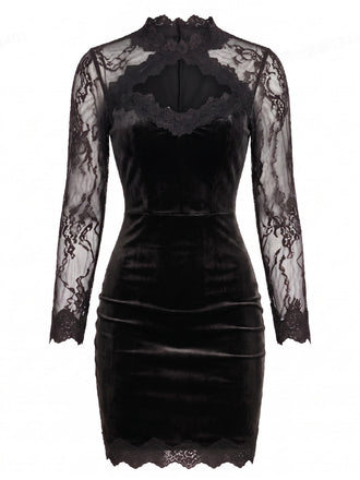 Schwarzes 60er Samt-Bodyconkleid mit Spitzenärmeln und Cut-out