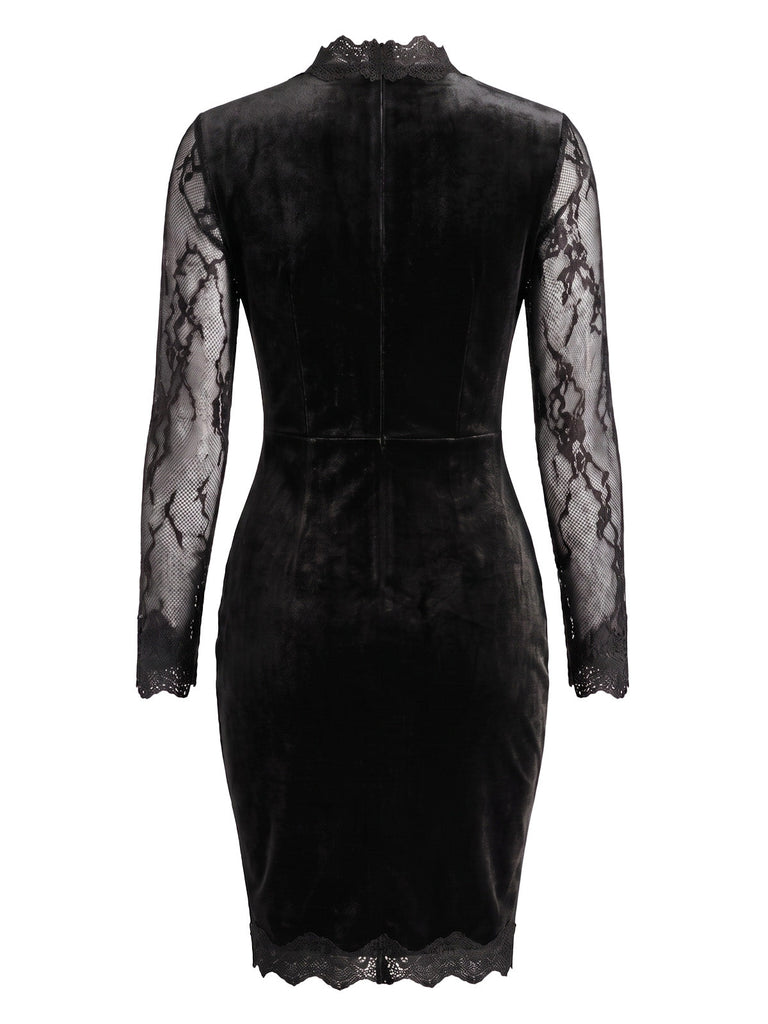 Schwarzes 60er Samt-Bodyconkleid mit Spitzenärmeln und Cut-out