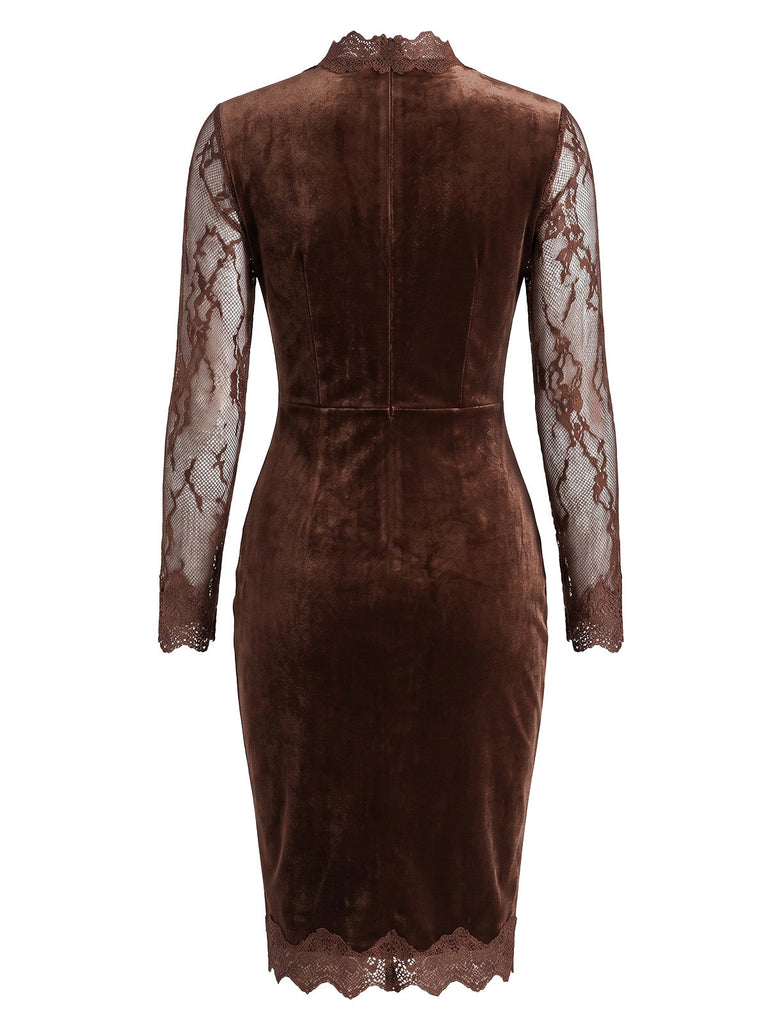 Schwarzes 60er Samt-Bodyconkleid mit Spitzenärmeln und Cut-out