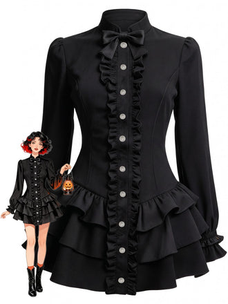 Schwarzes 60er Minikleid mit Stehkragen und Stufenrüschen
