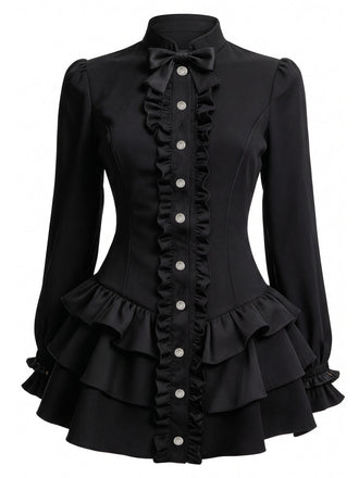 Schwarzes 60er Minikleid mit Stehkragen und Stufenrüschen