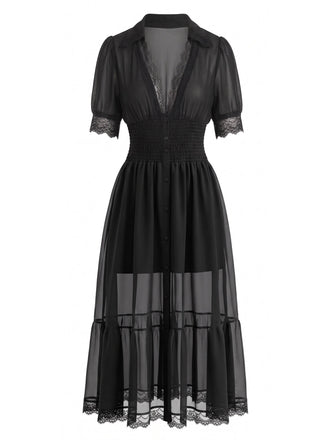 Schwarzes 40er Midikleid mit Spitze und Knopfleiste