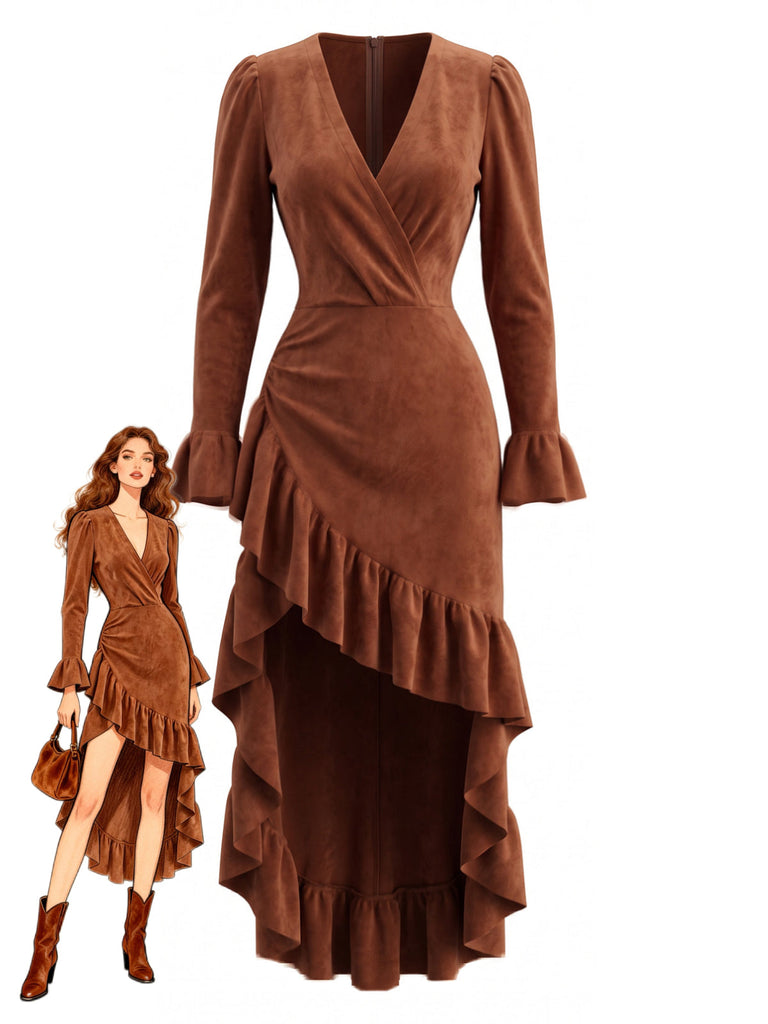 Braunes 40er Kleid mit V-Ausschnitt und asymmetrischem Rüschensaum