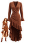 Braunes 40er Kleid mit V-Ausschnitt und asymmetrischem Rüschensaum