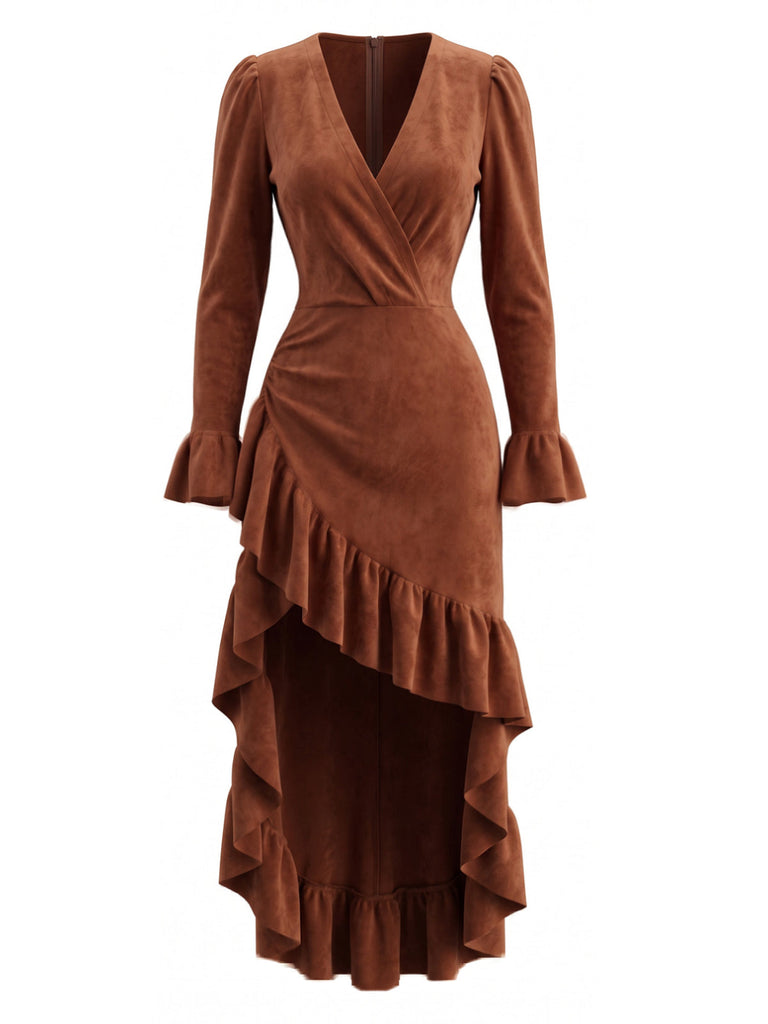 Braunes 40er Kleid mit V-Ausschnitt und asymmetrischem Rüschensaum