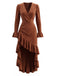 Braunes 40er Kleid mit V-Ausschnitt und asymmetrischem Rüschensaum