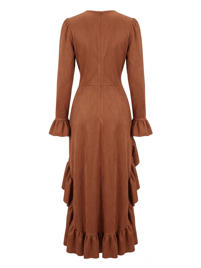 Braunes 40er Kleid mit V-Ausschnitt und asymmetrischem Rüschensaum