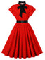 50er Polka-Dot-Swingkleid mit Schleifenkragen und Rüschenärmeln