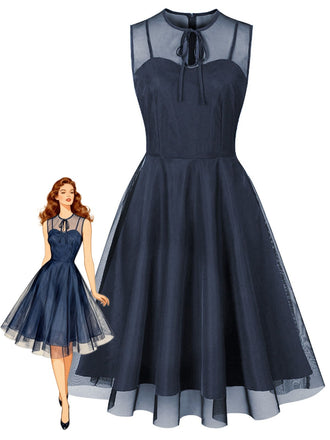 50er Netz-Ärmelloses Kleid mit Bindeband und Keyhole