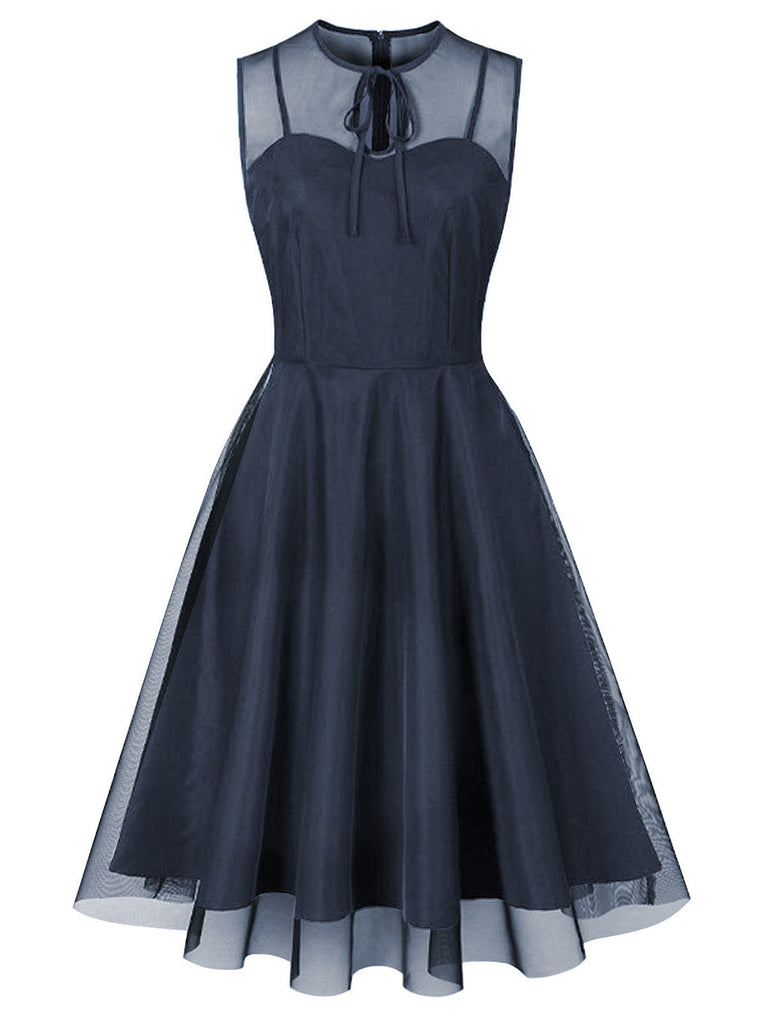 50er Netz-Ärmelloses Kleid mit Bindeband und Keyhole