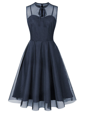 50er Netz-Ärmelloses Kleid mit Bindeband und Keyhole