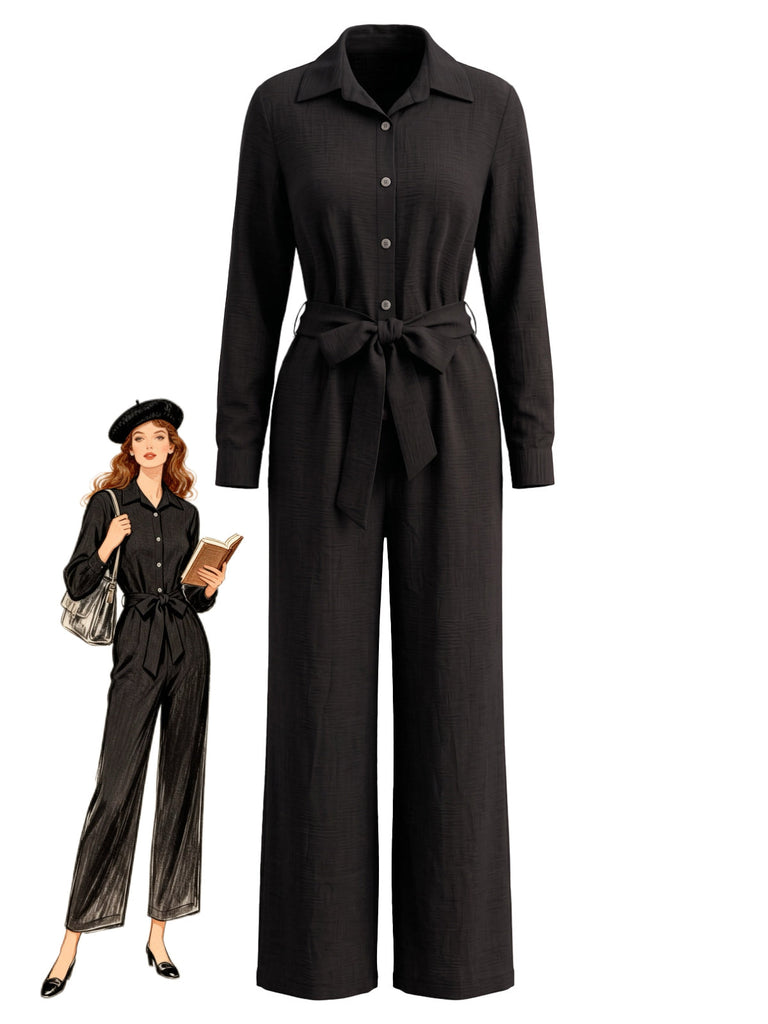 30er Knopf-Jumpsuit mit Reverskragen und weitem Bein