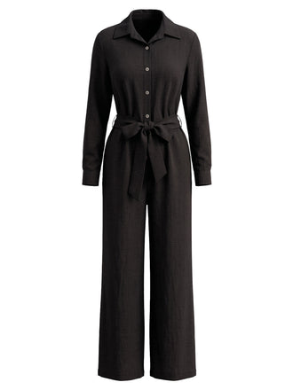 30er Knopf-Jumpsuit mit Reverskragen und weitem Bein