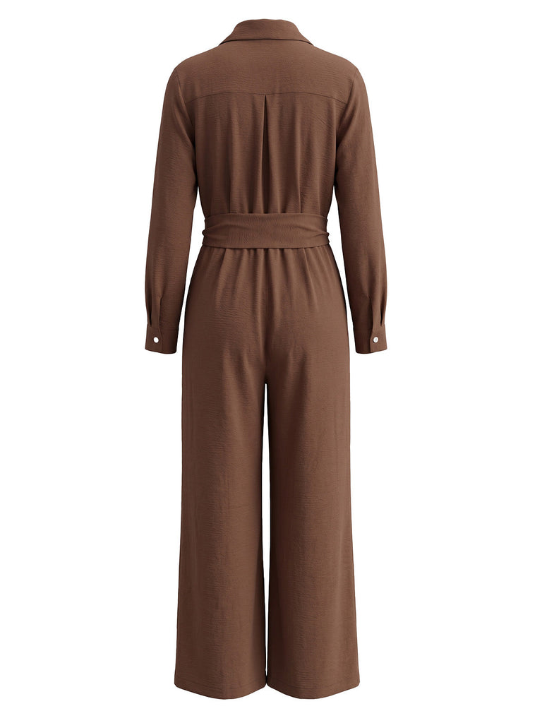 30er Knopf-Jumpsuit mit Reverskragen und weitem Bein