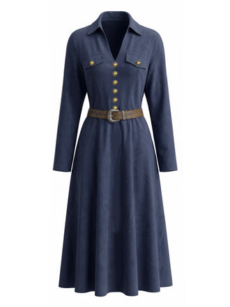 Dunkelblaues 40er Kleid mit Reverskragen und Zierknöpfen