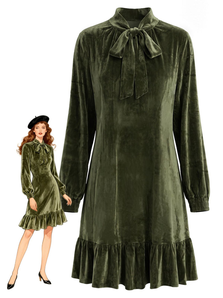 Dunkelgrünes 70er Samt-Minikleid mit Schleife und Rüschen