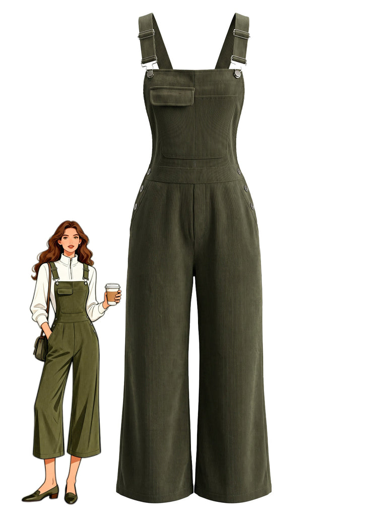 30er Cord-Latzjumpsuit mit Taschen und weitem Bein
