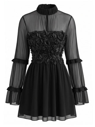 Schwarzes 70er Gothic-Minikleid aus transparentem Mesh mit 3D-Rosen und Rüschen