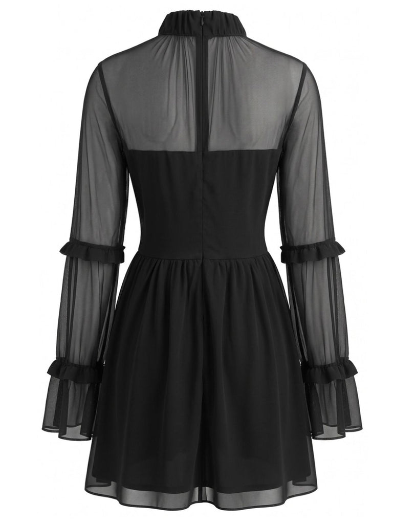 Schwarzes 70er Gothic-Minikleid aus transparentem Mesh mit 3D-Rosen und Rüschen