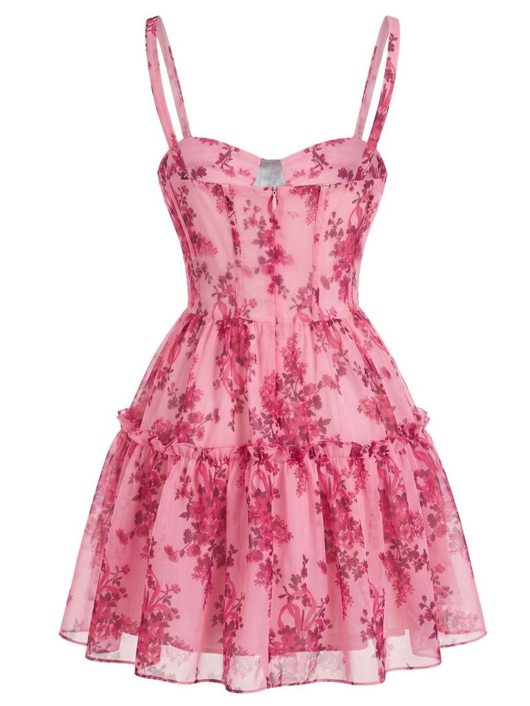 Rosa 50er Blumen-Minikleid in Korsett-Optik mit Rüschen