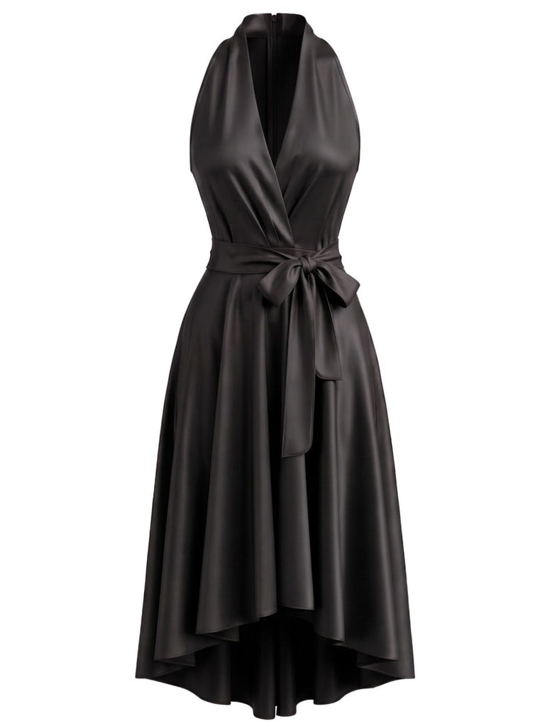 50er Satin-Kleid mit Taillenschleife und High-Low-Saum