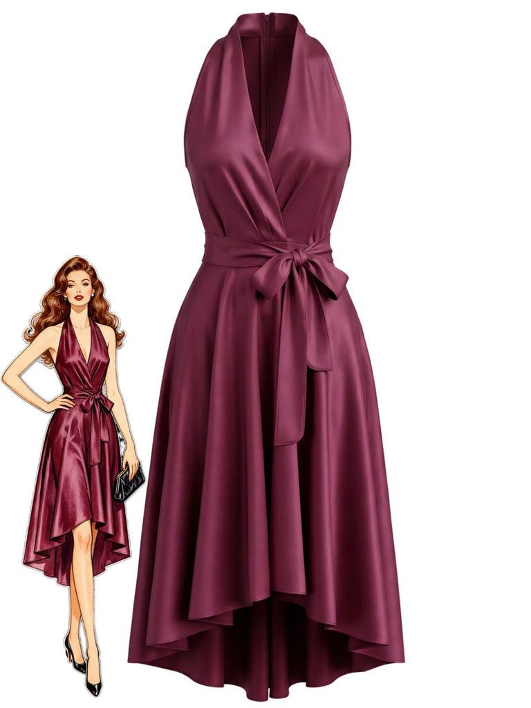 50er Satin-Kleid mit Taillenschleife und High-Low-Saum