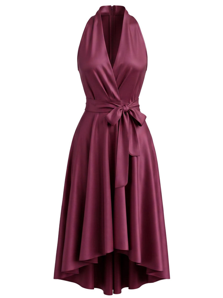 50er Satin-Kleid mit Taillenschleife und High-Low-Saum