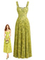 Grünes 30er Plissee-Maxikleid mit Blumen-Print und Schnürung