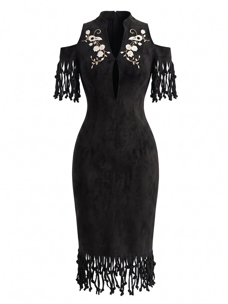 70er Bleistiftkleid mit Cold-Shoulder Fransen und Blumenstickerei