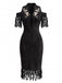 70er Bleistiftkleid mit Cold-Shoulder Fransen und Blumenstickerei