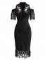70er Bleistiftkleid mit Cold-Shoulder Fransen und Blumenstickerei