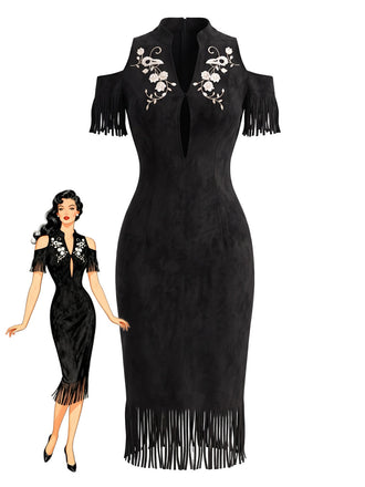 Schwarzes 70er Cold-Shoulder Bleistiftkleid mit Blumen und Stickerei