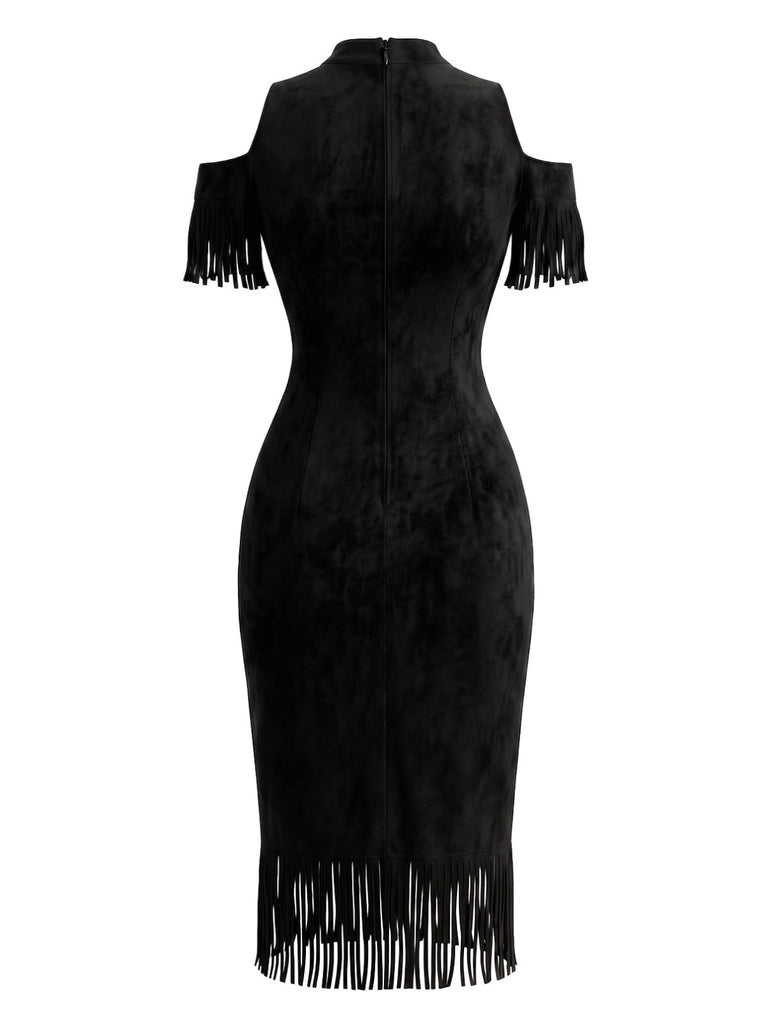 Schwarzes 70er Cold-Shoulder Bleistiftkleid mit Blumen und Stickerei