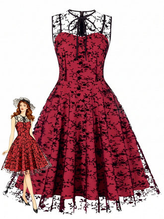 50er ärmelloses Mesh-Kleid mit floralem Flockprint und Schlüsselloch-Ausschnitt