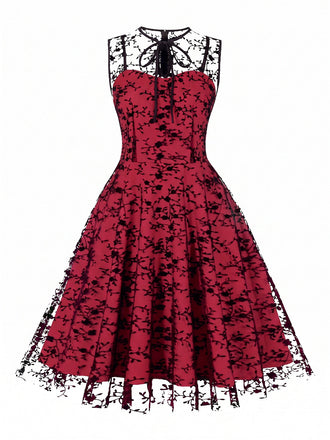 50er ärmelloses Mesh-Kleid mit floralem Flockprint und Schlüsselloch-Ausschnitt