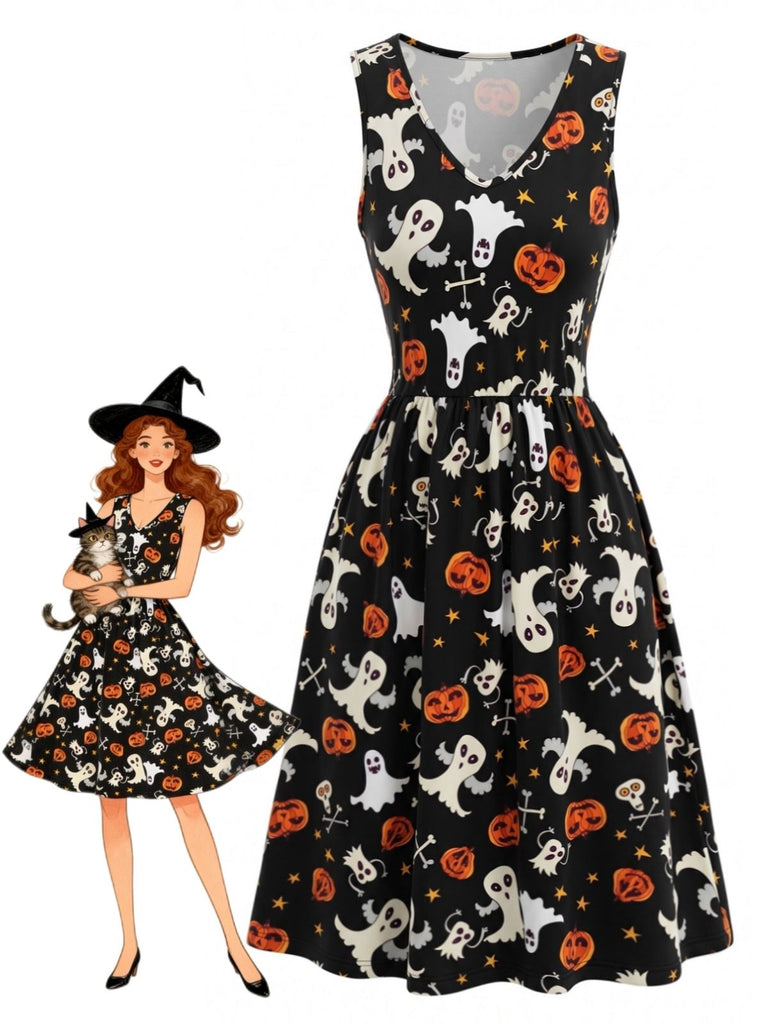 Schwarzes 40er Halloween Kleid mit Geist- und Kürbis-Print