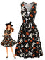 Schwarzes 40er Halloween Kleid mit Geist- und Kürbis-Print