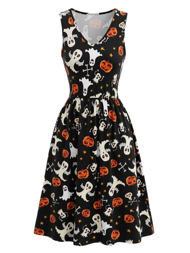 Schwarzes 40er Halloween Kleid mit Geist- und Kürbis-Print