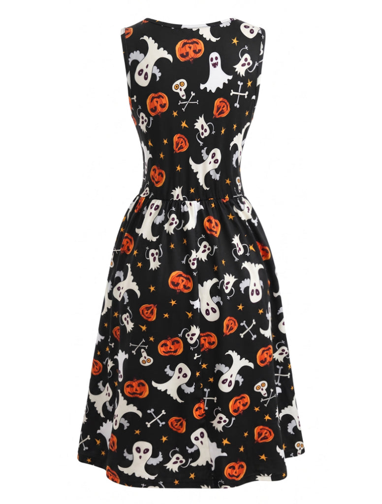 Schwarzes 40er Halloween Kleid mit Geist- und Kürbis-Print